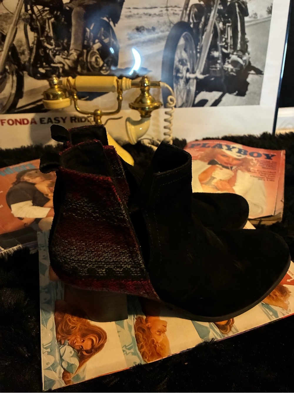 Minnetonka Black Suede Ankle Booties with Patterned Heel Panel